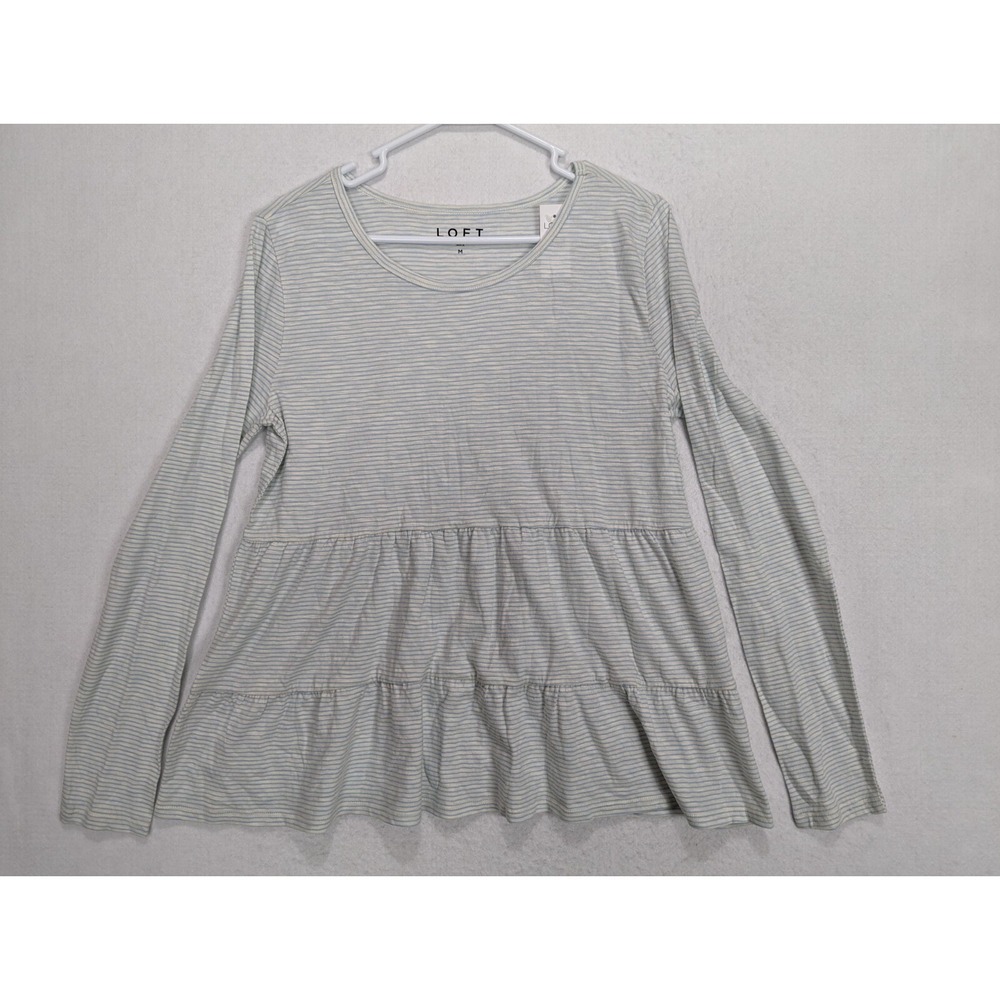 Loft Womens Top Layered Ruffle Stripe Shirt Size M Cotton‎ Blue
